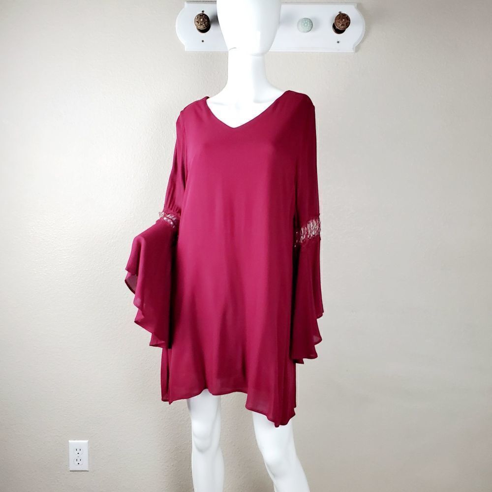 I Joah Maroon Lace Bell Sleeve Flowy Tunic Dress Sz M Romantic Boho Festival